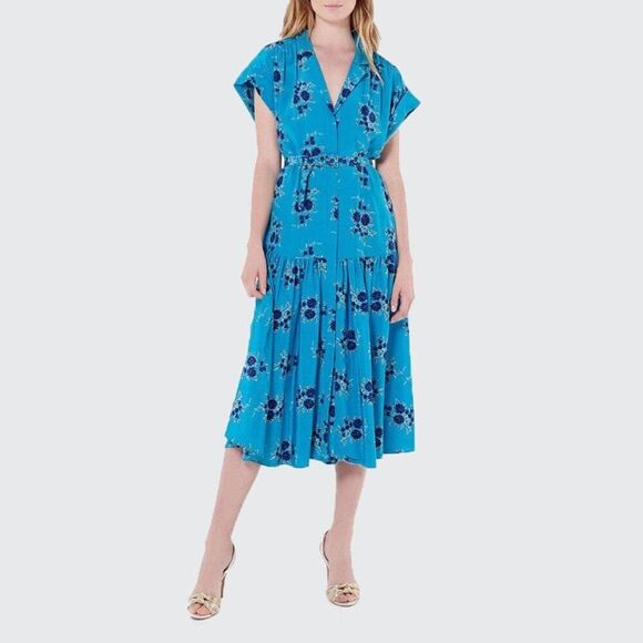 Veronica Beard Meagan Floral Silk Cap Short Sleeve Midi Dress Teal Blue 10 - Picture 1 of 9